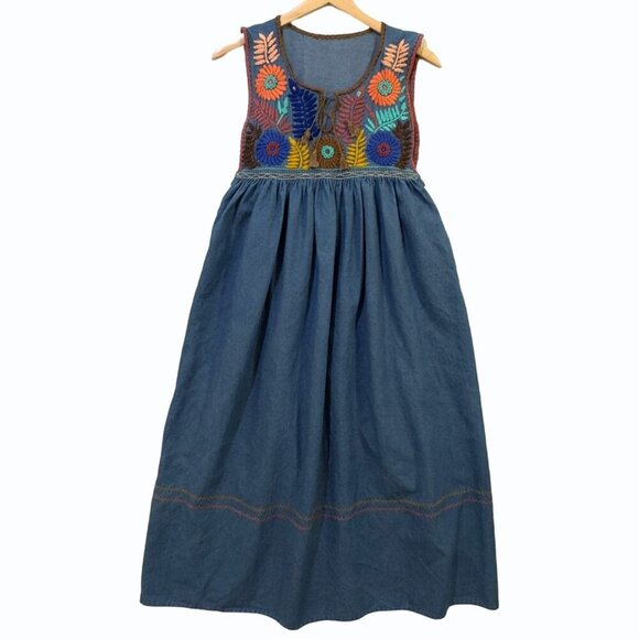 Handmade Embroidered Floral Jumper Dress Denim Modest Boho‎ Chic Cottagecore - Picture 1 of 7